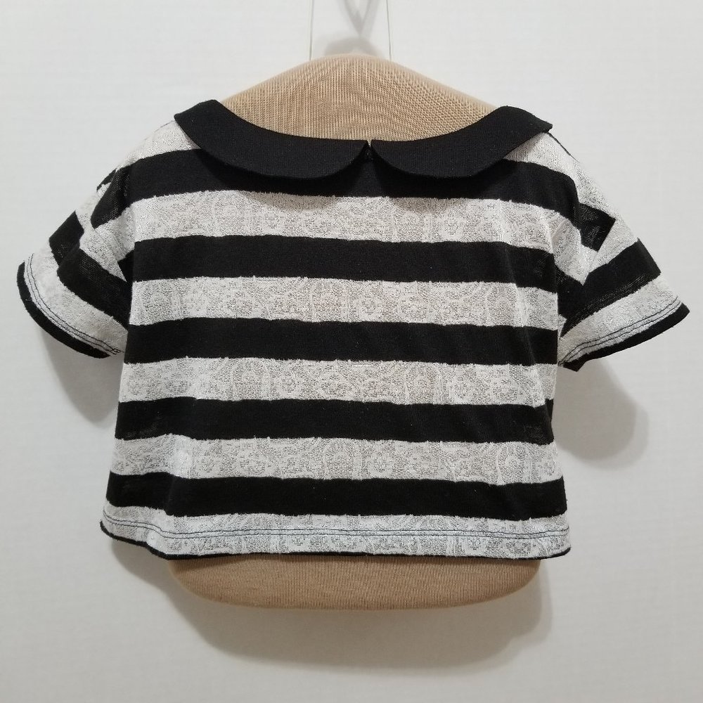 Forever 21 Girls top XS 6/7 rugby stripe Peter Pan collar floral lace semi sheer
